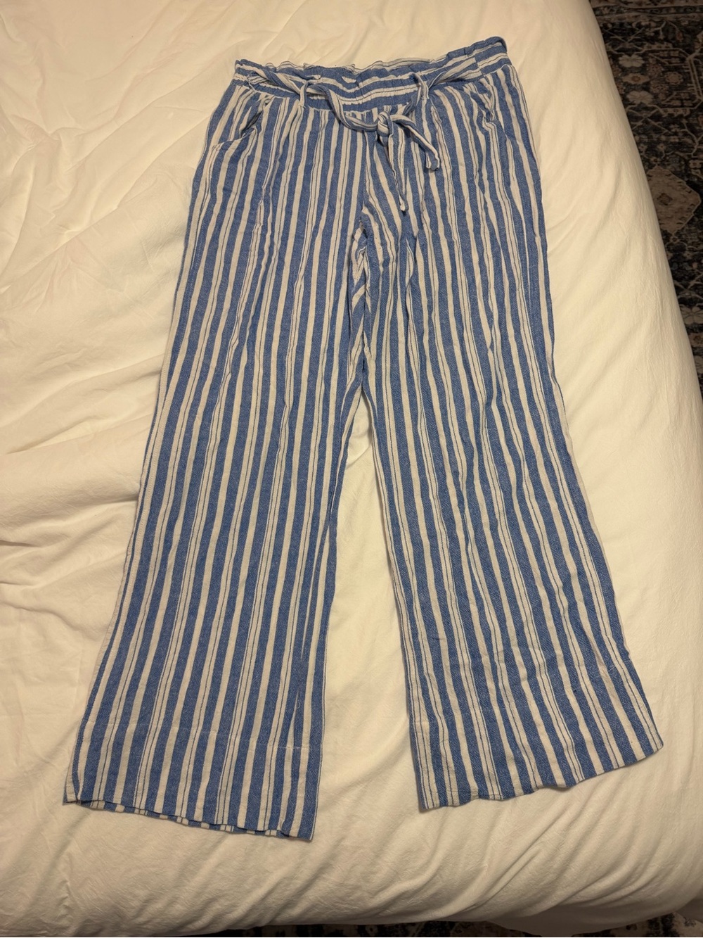Jolt Blue and White Striped Wide-Leg Linen Pants